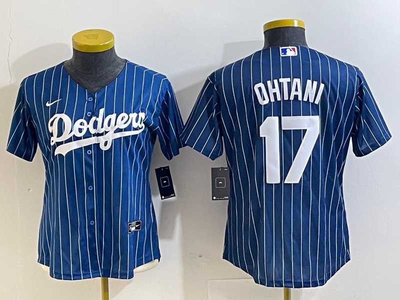 Women%27s Los Angeles Dodgers #17 Shohei Ohtani Red Navy Blue Pinstripe Cool Base Nike Jersey